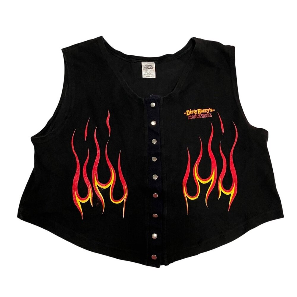 Vintage Dirty Harrys Daytona Beach Flame Button Front Vest Size XL Black Cropped